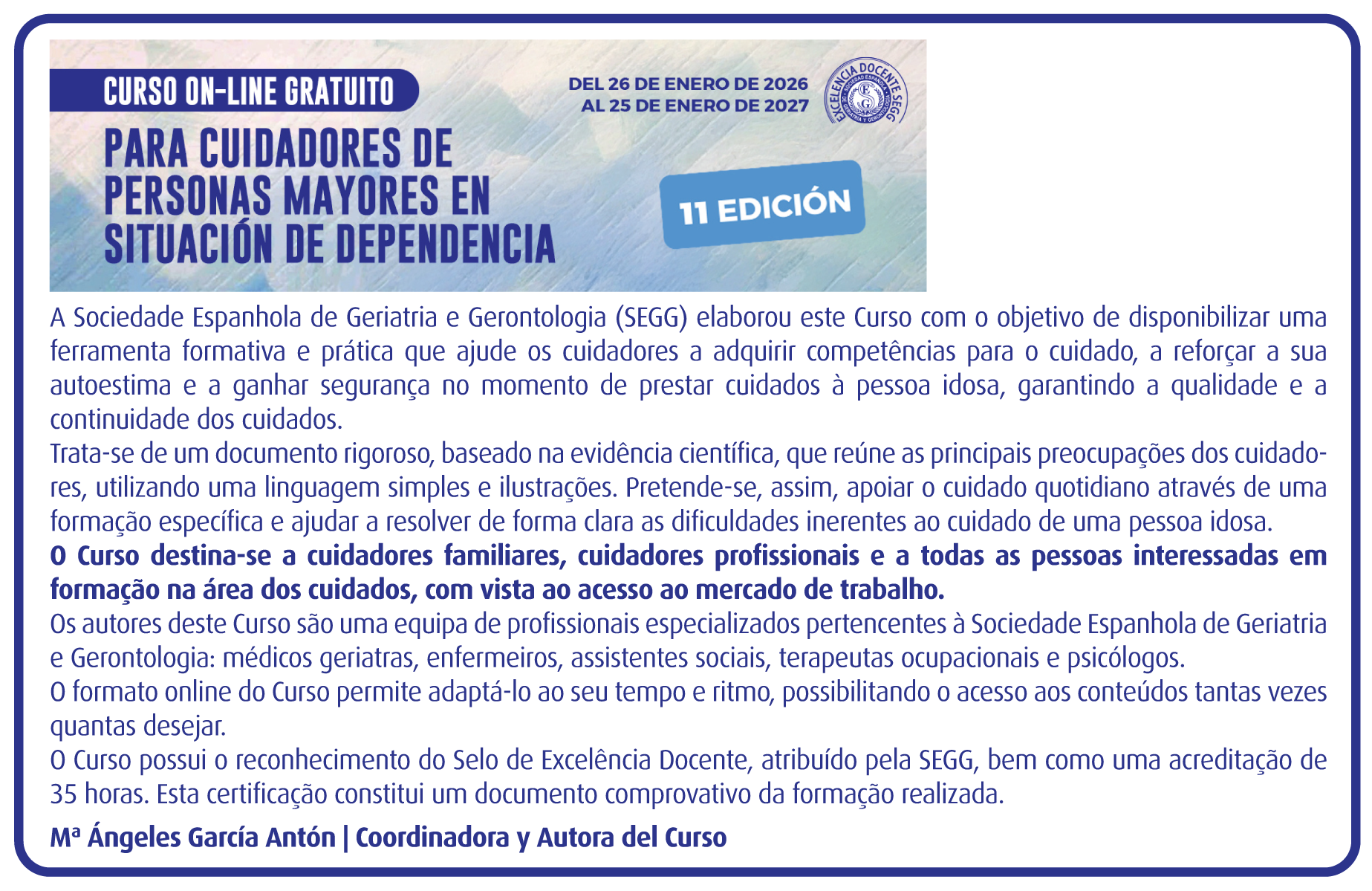 NOVA EDIÇÃO DO CURSO ONLINE GRATUITO PARA CUIDADORES – Sociedade Espanhola de Geriatria e Gerontologia