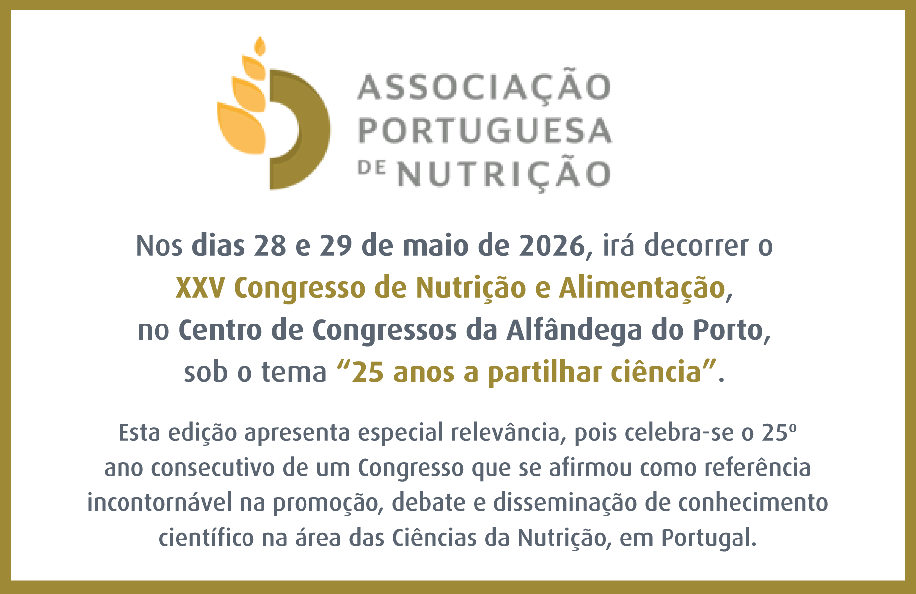 XXV Congresso de Nutrição e Alimentação | 28 e 29 de maio 2026 | Porto